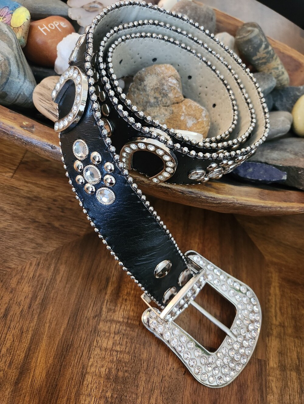 BLAZIN ROXX BLACK LEATHER HORSESHOE RHINESTONE WESTERN BLING BELT XL FITS LARGE